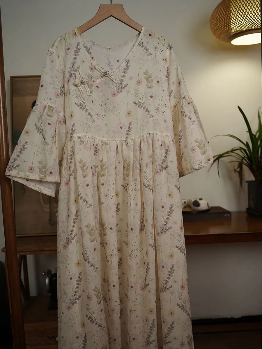 FLYTONN- Women Summer Ethnic Floral V-Neck Buckle Ramie Dress TY1007