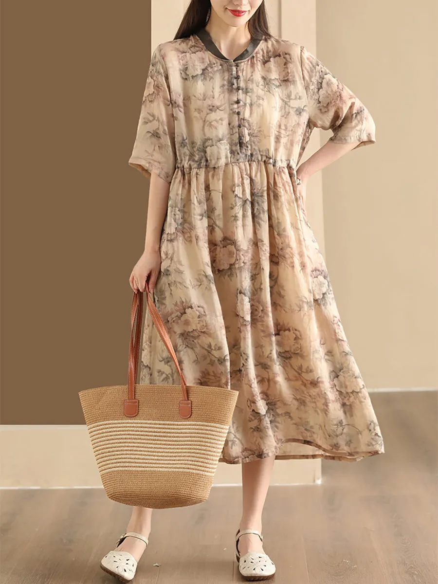 FLYTONN- Women Summer Flower Stand Collar Ramie Dress OO1046