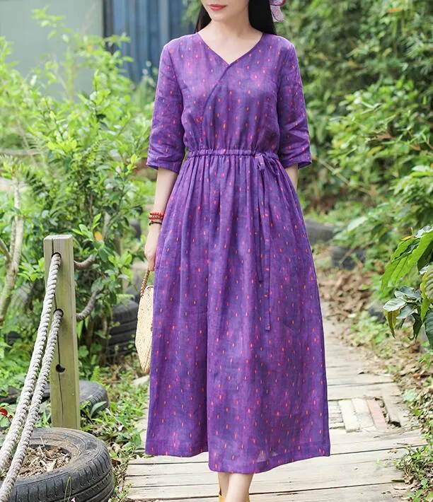 Purple Patchwork Women Dresses Ramie Casual Spring Linen Women Dresses Half Sleeve SSM97215