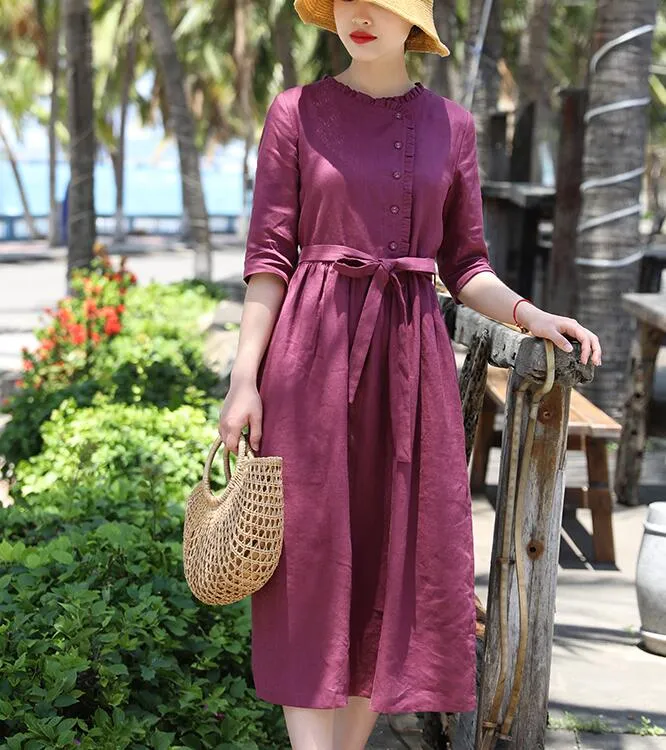Purple Women Dresses Ramie Casual Spring Linen Women Dresses SSM97215